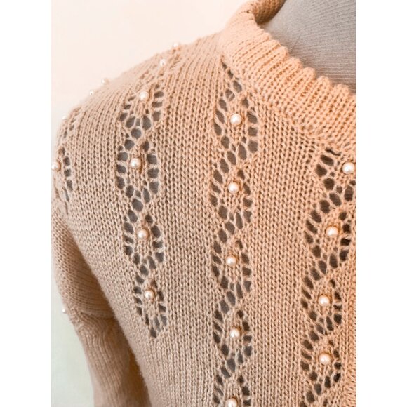 Vintage 80s Carmel Brown Beaded Knit Cardigan Sweater Size Medium - Picture 3 of 10